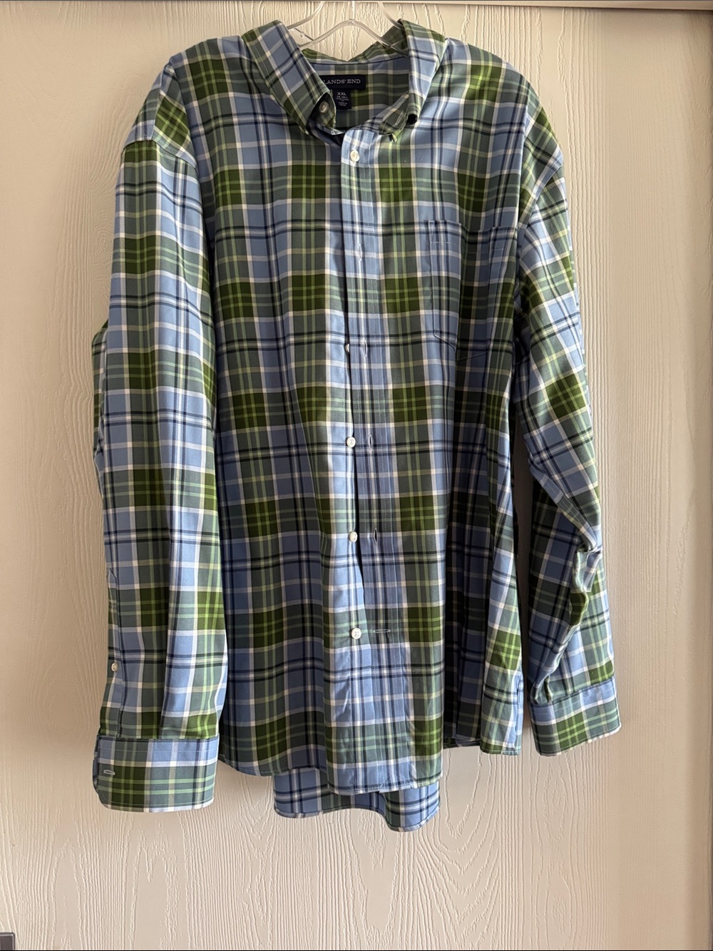 Lands' End Blue and Green Plaid Men's Button-Down Shirt